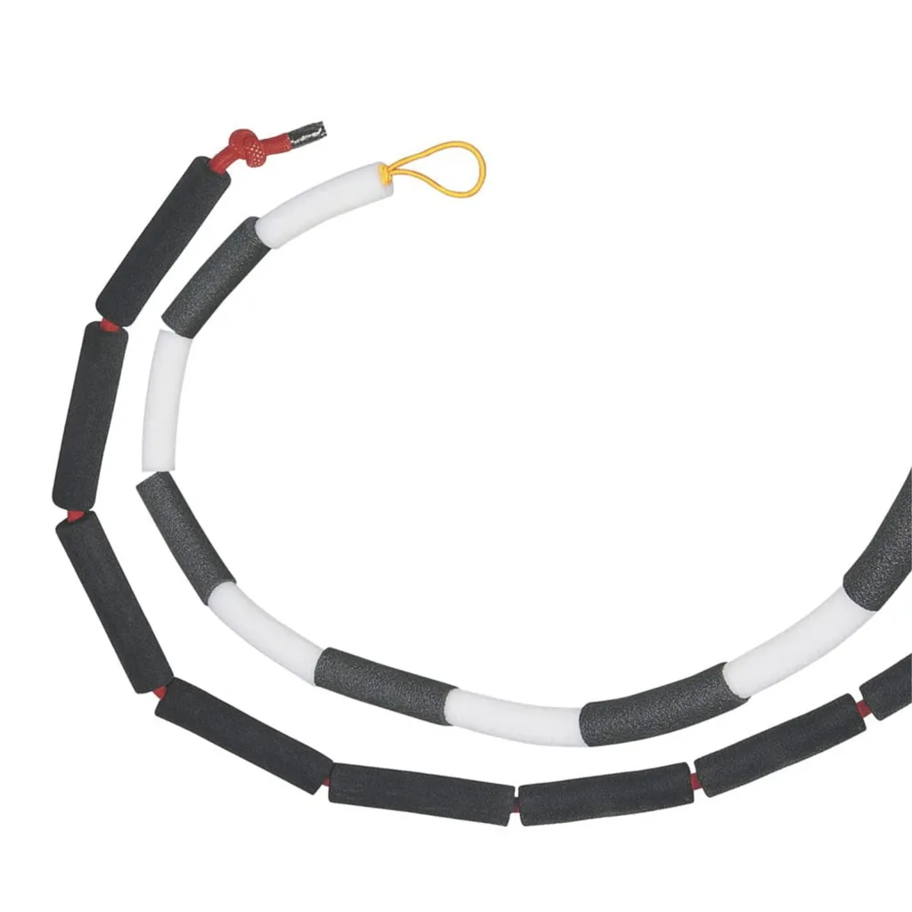 Foam elastic crossbar with alternating black and white foam sections on an elastic cord, showing red knots and a yellow loop.