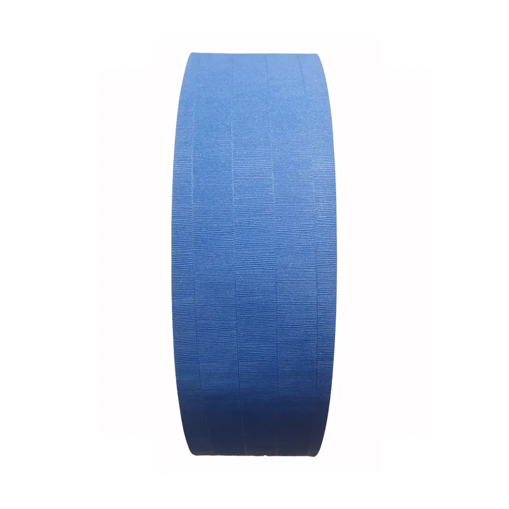 Blue roll of tatami tape with fine horizontal ribbed texture, standing upright on a white background.