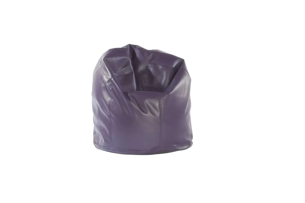 Child faux leather bean bag with stitched panels, scooped seat and removable liner.