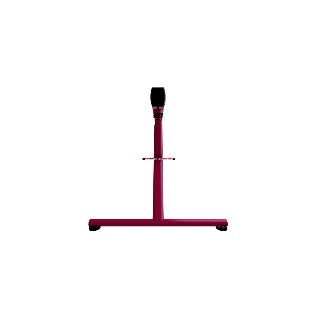 Red competition balance beam support and base with black padded beam top centered on a white background.