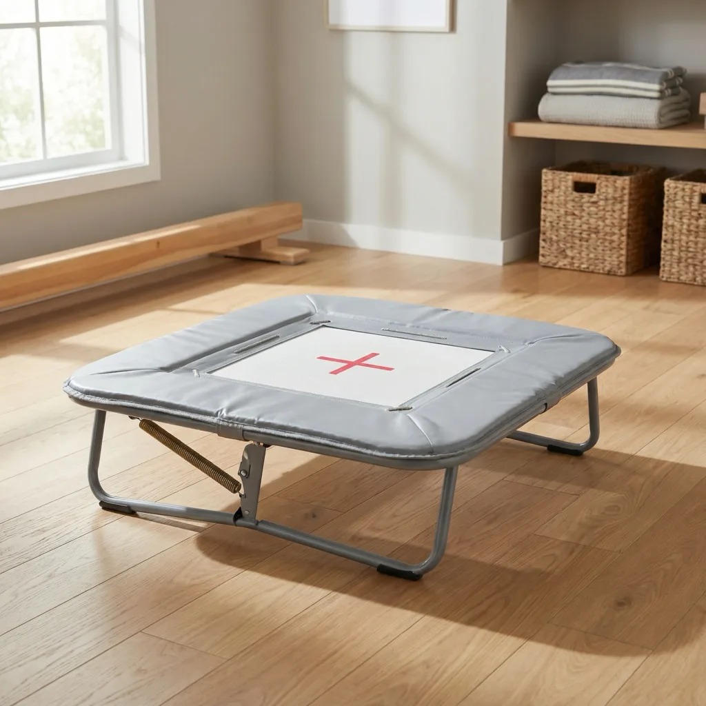 Small adjustable trampette with gray padded frame, white central bed marked by a red cross, and folding steel legs on a wooden floor.