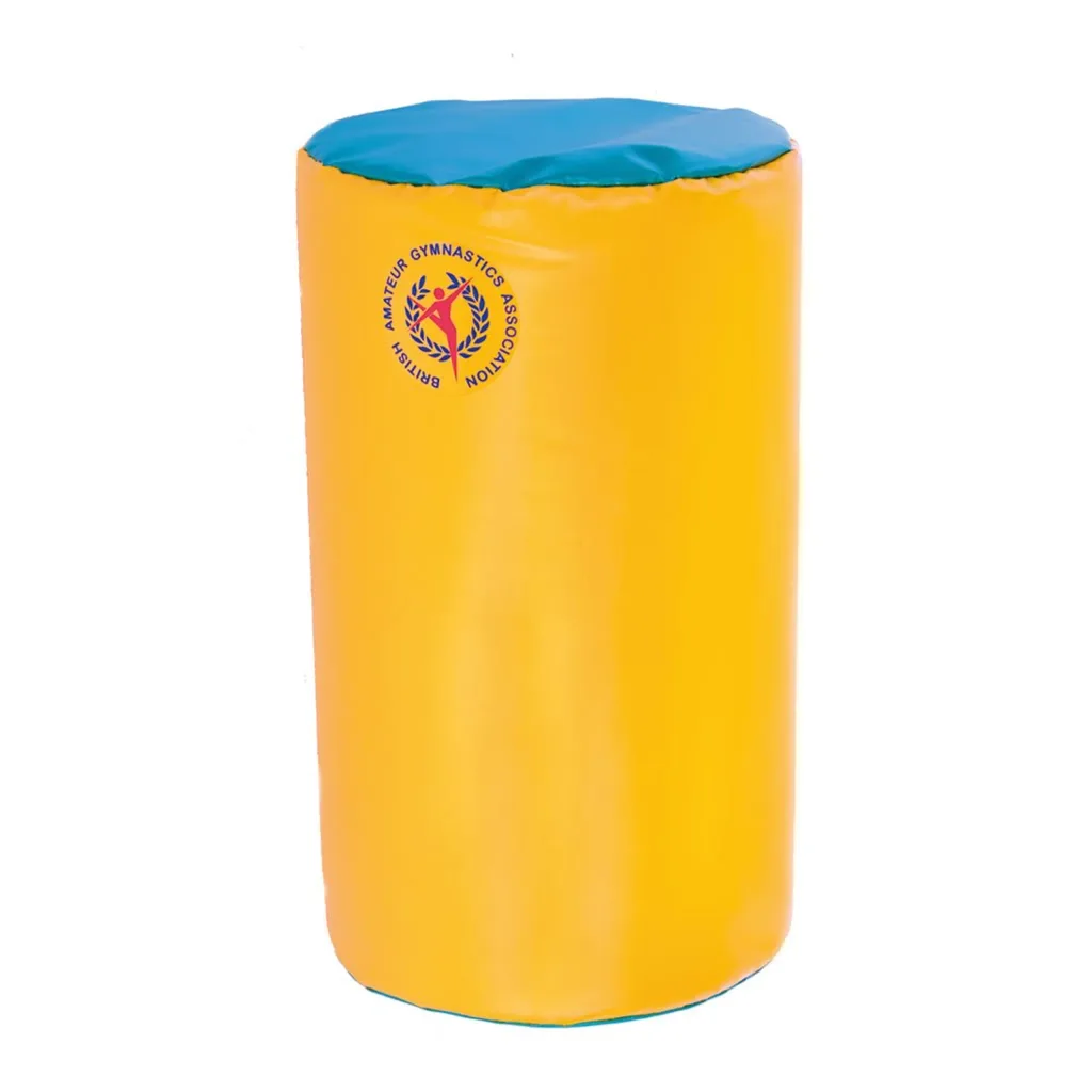 Yellow soft-play foam cylinder with a blue top and a small round logo on its side.