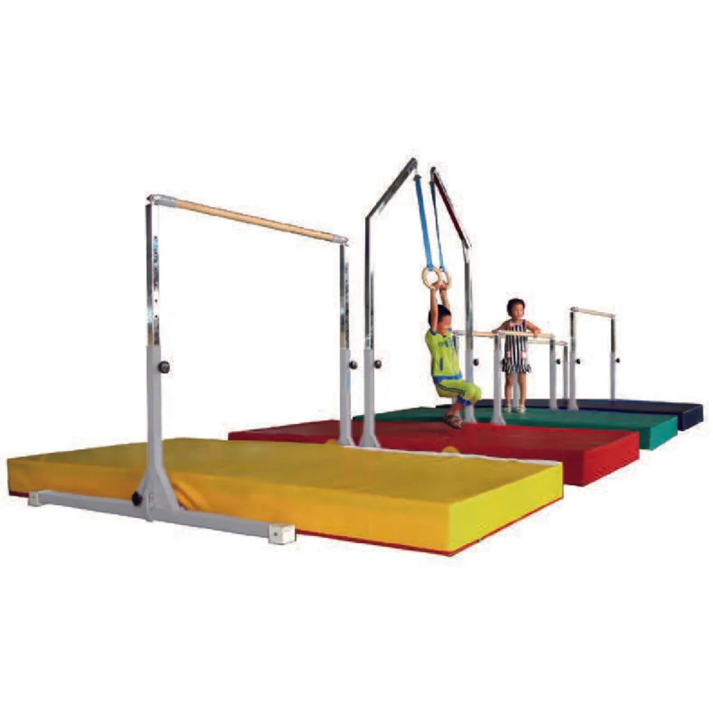 Silver gymnastics frame with plywood rings hung over yellow, red, green and blue landing mats, with two children using the equipment.