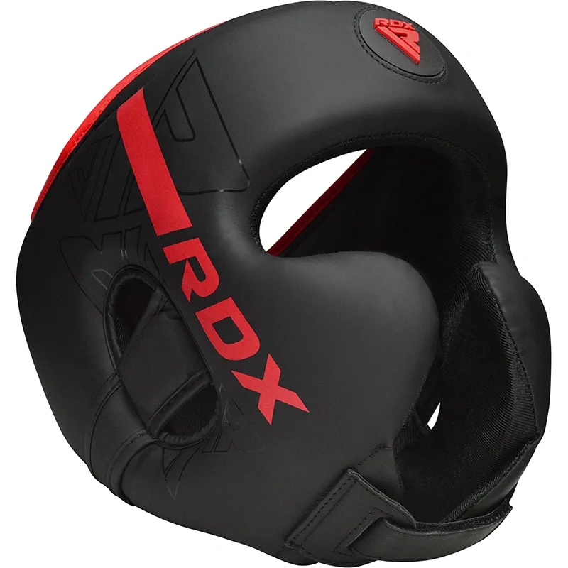 Black Convex Skin Maya Hide leather full-face MMA head guard with open eye and cheek openings and a padded chin strap.