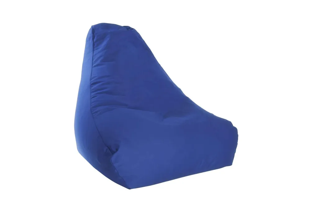 Child-sized blue cotton bean bag chair with supportive high back.