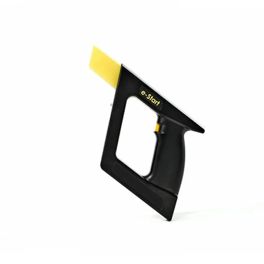 Black electronic start pistol with a yellow tip, pistol grip and triangular frame labeled e-Start.