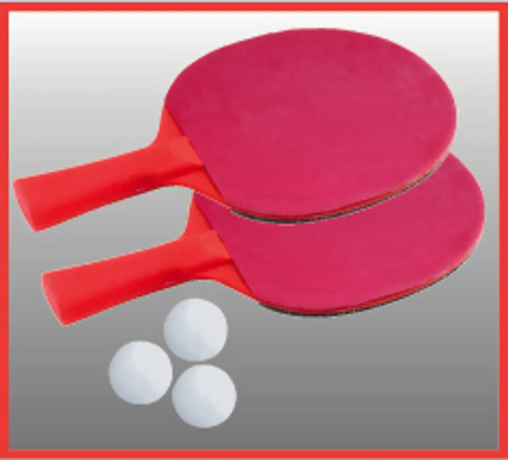 Two red table tennis paddles stacked with three white practice balls on a gray background.