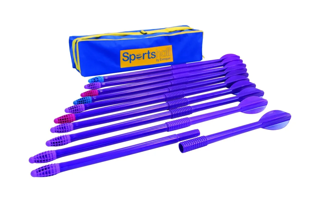 Set of purple plastic practice javelins with colored tips next to a blue and yellow storage bag.