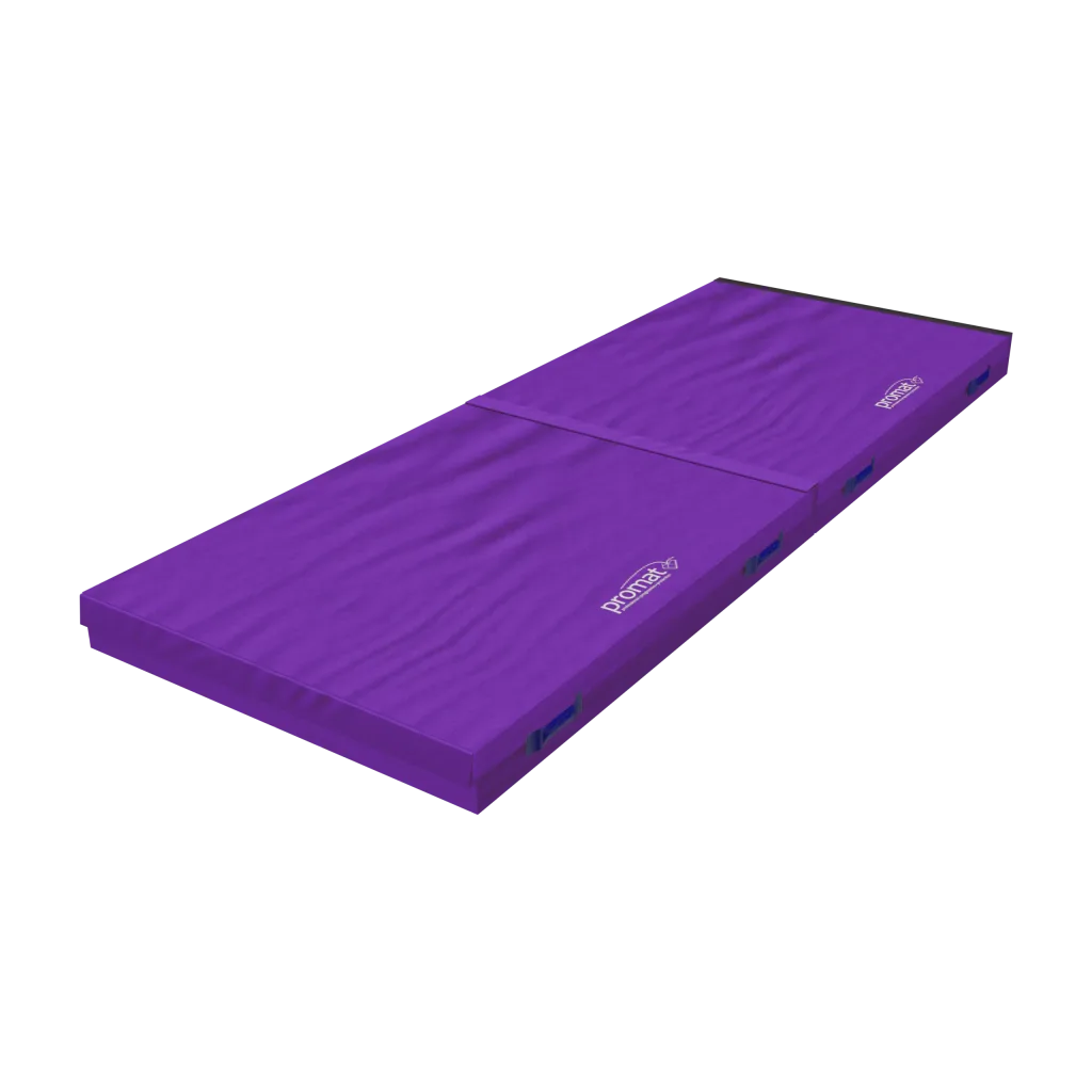 Purple foldable connecting safety mat with carry handles and hook-and-loop connectors, shown as two linked panels.
