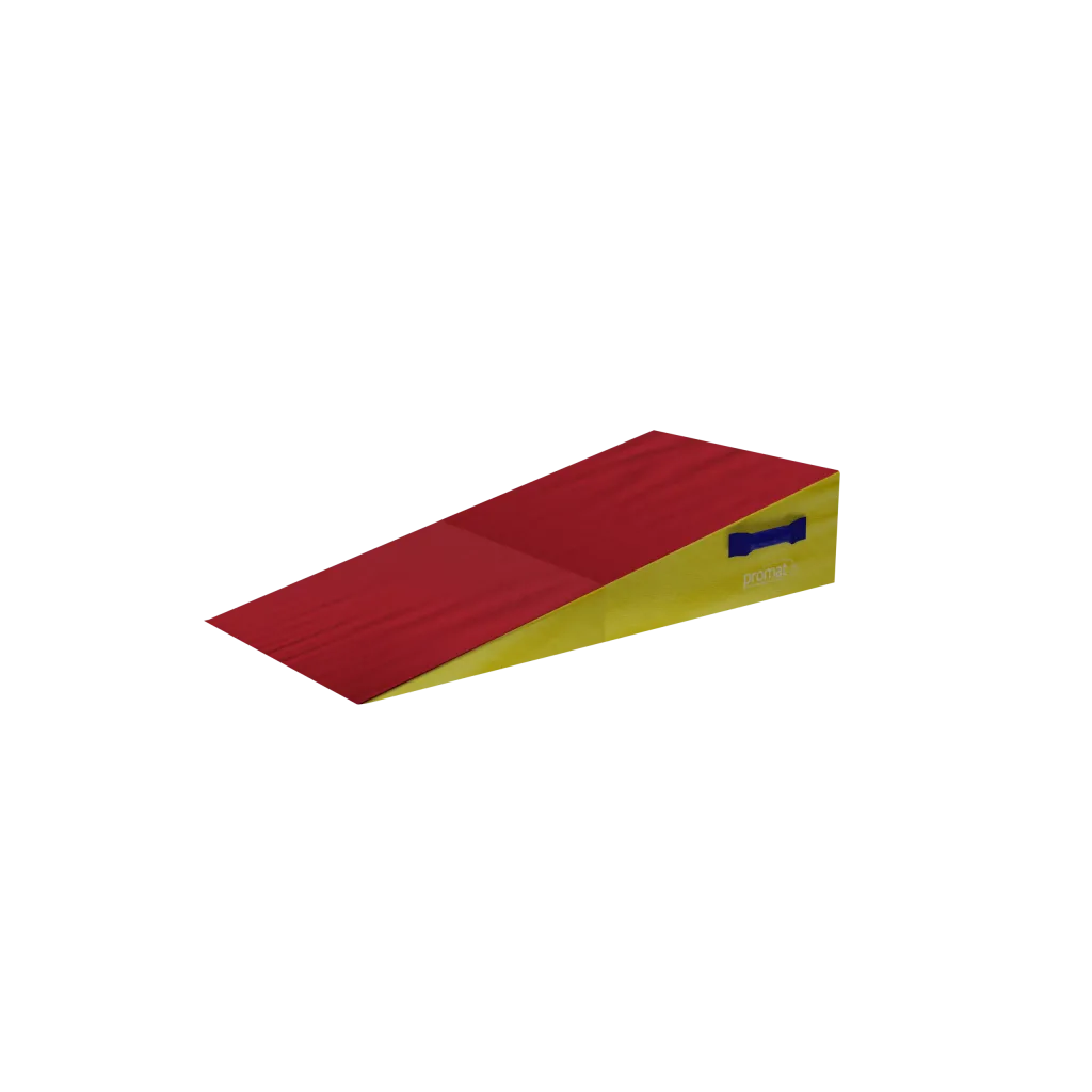 Foldable inclined wedge mat with red top and bottom, yellow sides, and a blue carrying handle.
