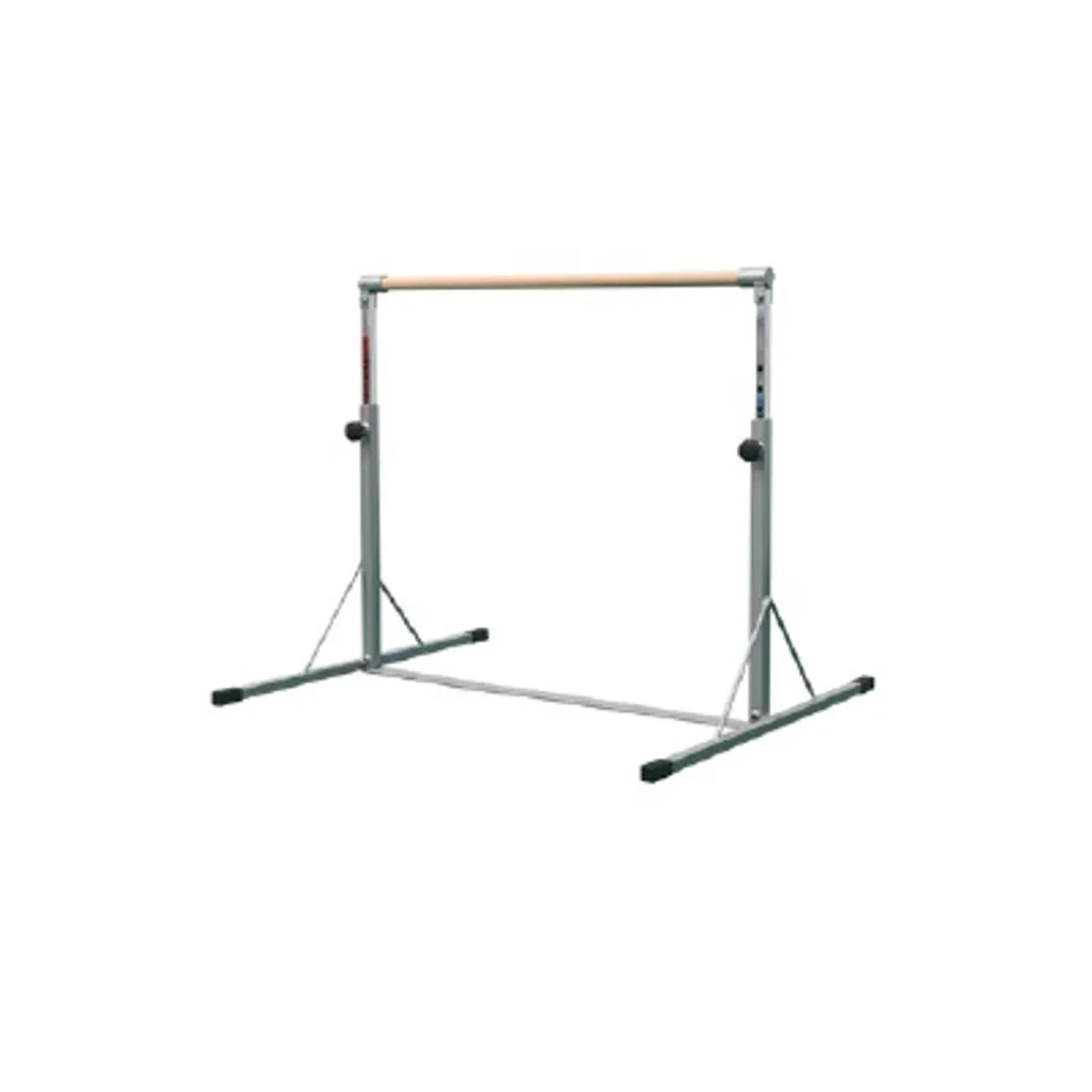 Children's high bar with maple wood-wrapped fibreglass bar, carbon steel base, and adjustable posts secured by three-point locks.