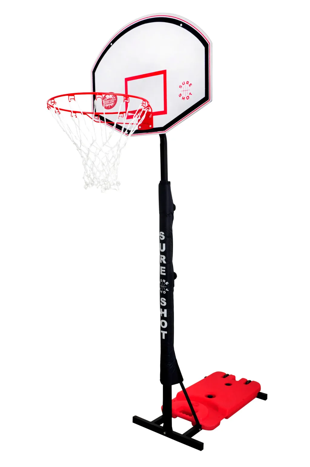 Portable basketball hoop with white melamine fan-shaped backboard with red and black details, red rim, white net, black padded pole and red HDPE base.