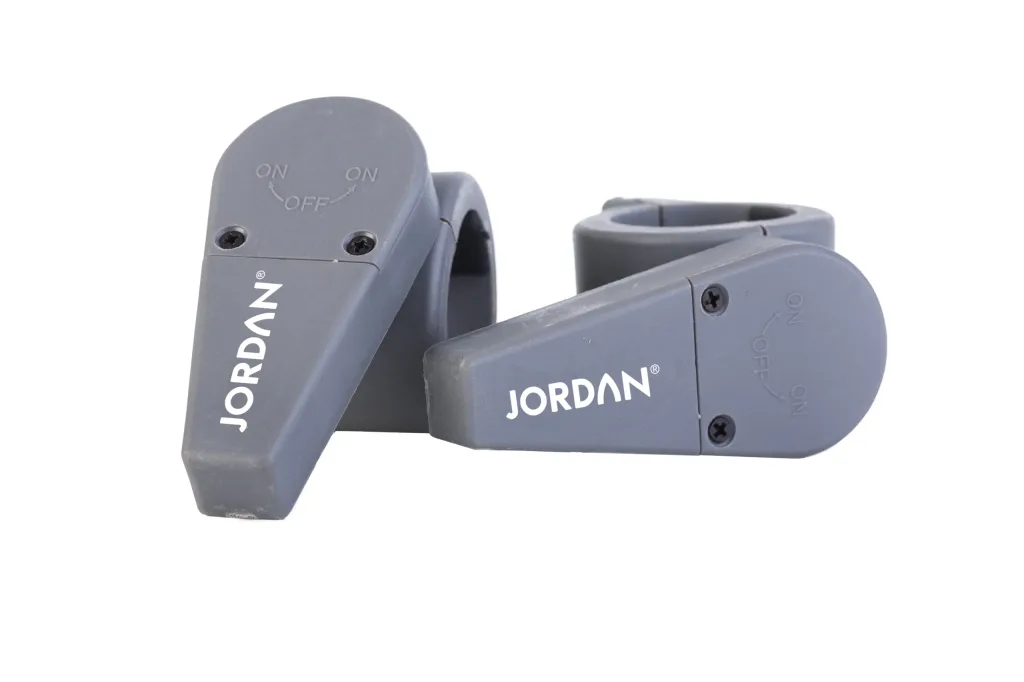 Pair of grey plastic 30mm barbell clamp collars, one showing the text "JORDAN" and embossed "ON OFF ON" on the lever.
