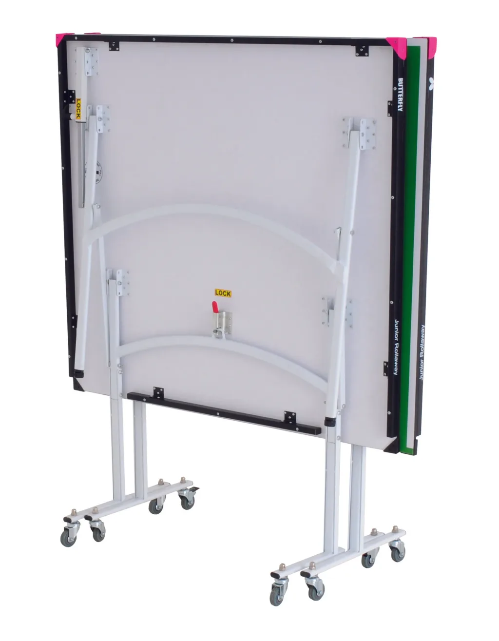 Folded table tennis table with green playing top, steel frame, magenta corner protectors, white legs and caster wheels, label 'LOCK'.