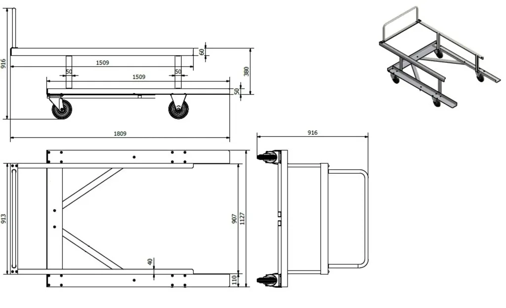 Galvanised steel training hurdle cart shown in technical drawings and a small 3D view, with wheels, a push handle and parallel rails.