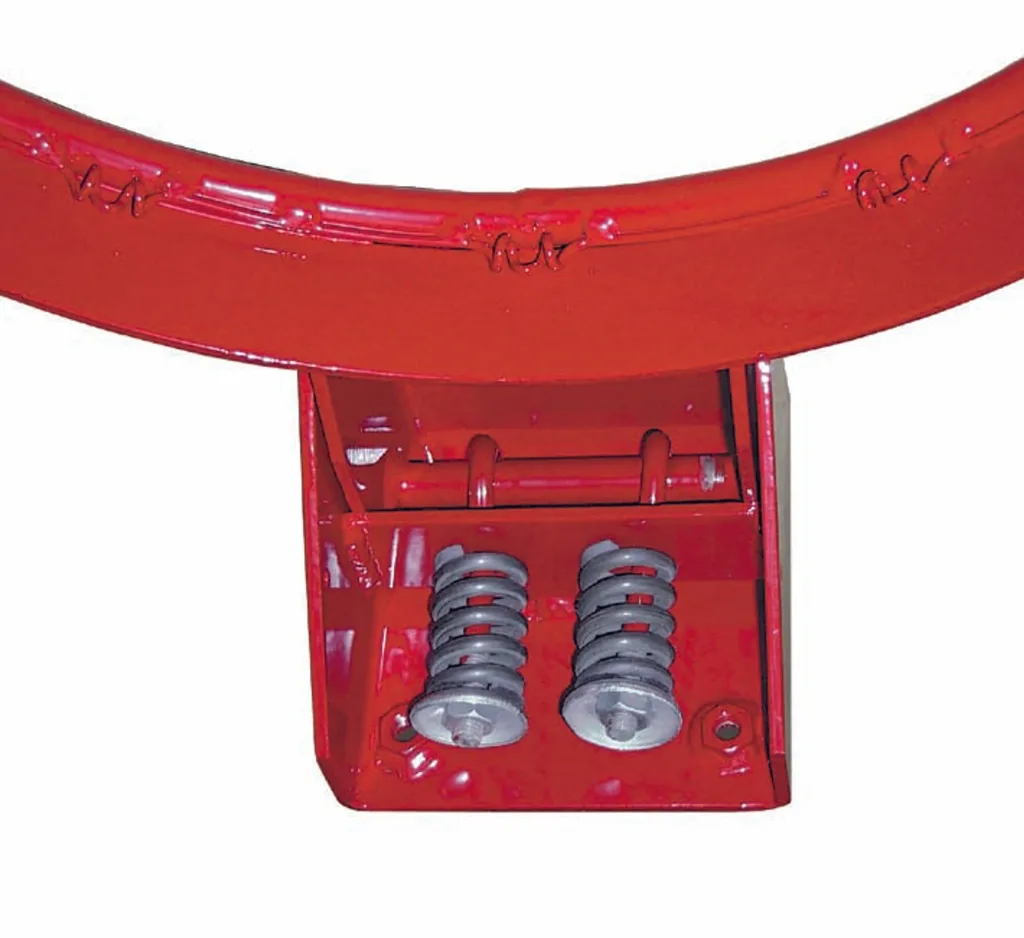 Red powder-coated steel heavy-duty flex ring segment showing the mounting bracket with two grey coil springs and enclosed flex mechanism.