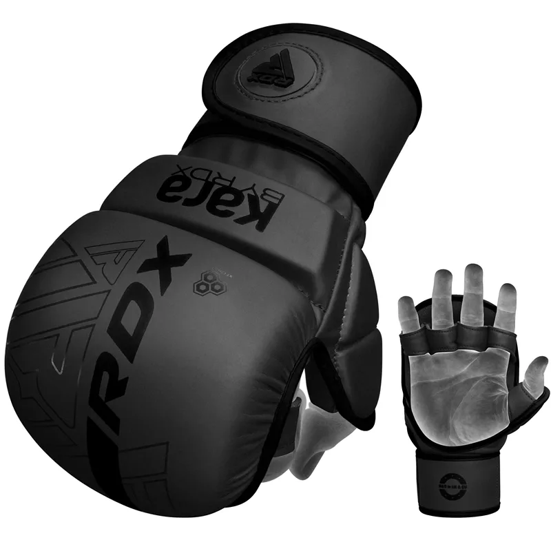 MMA sparring glove made from Maya Hide Convex Skin with visible text "Kara RDX" and a fingerless glove beside it.