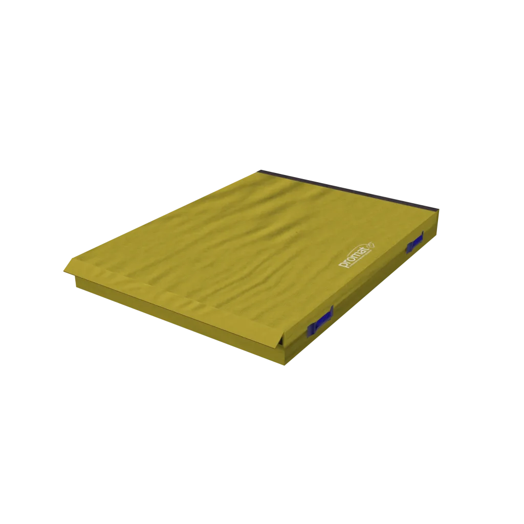 Yellow connecting safety mat with heavy-duty PVC cover, blue carry handles and hook-and-loop connectors along the edge.