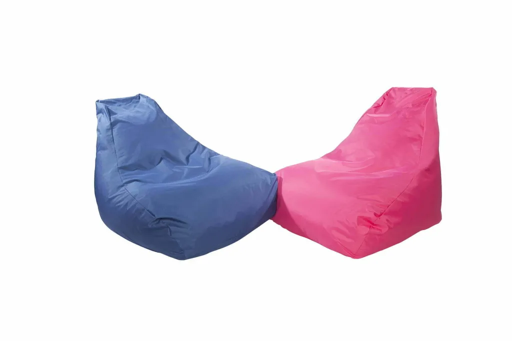 Two child-sized indoor/outdoor polyester bean chairs, one blue and one pink, with high back support and removable liners.