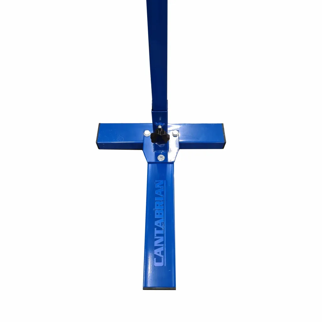 Blue steel high jump stand base with vertical post and embossed text CANTABRIAN.