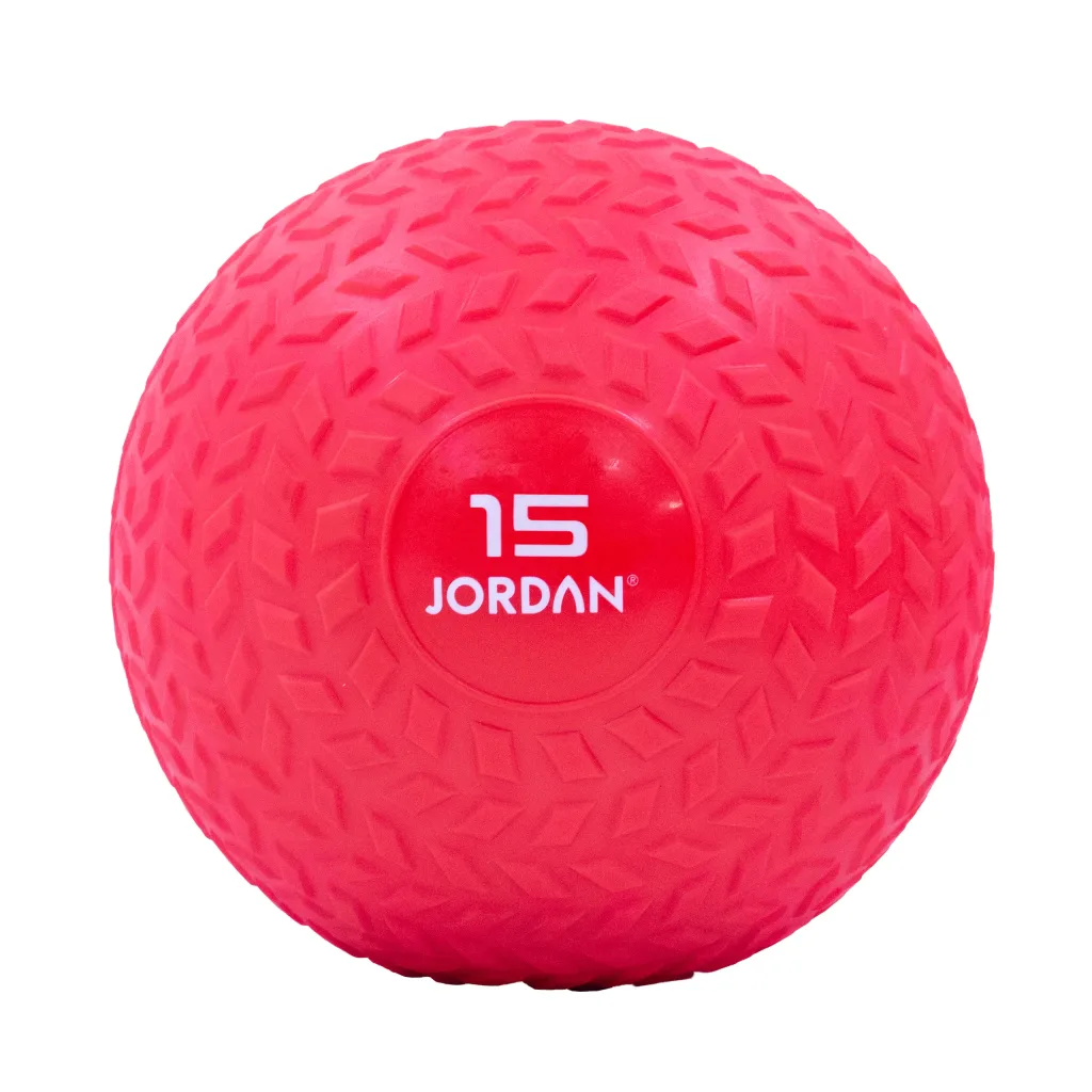 Red textured slam ball marked 15 with raised diamond tread and grippy surface.