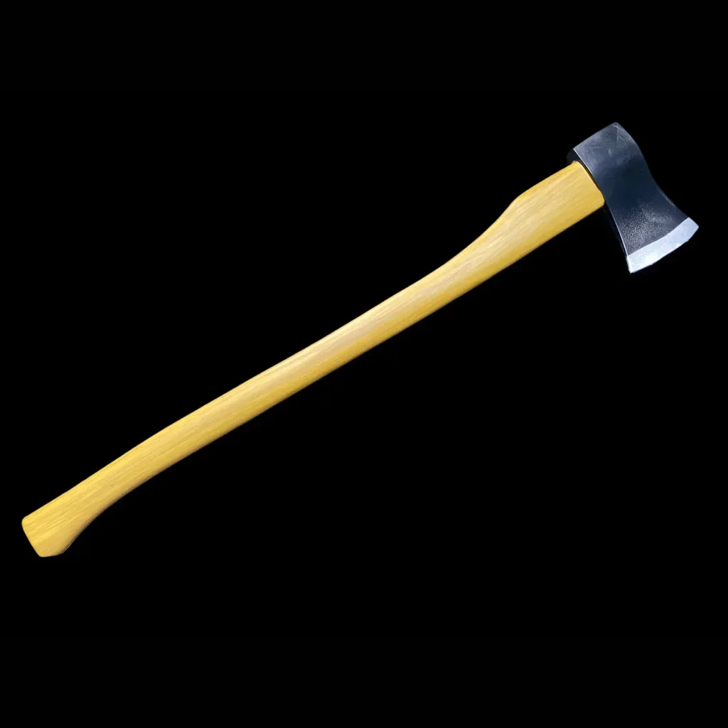 Yellow-handled training axe prop with a black PU foam head and silver-painted blade edge, shown against a black background.