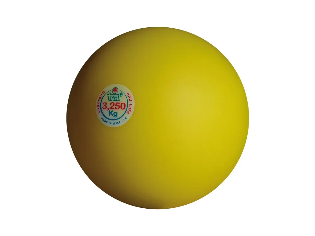 Yellow synthetic soft rubber indoor shot put with a round label reading "3,250 Kg".