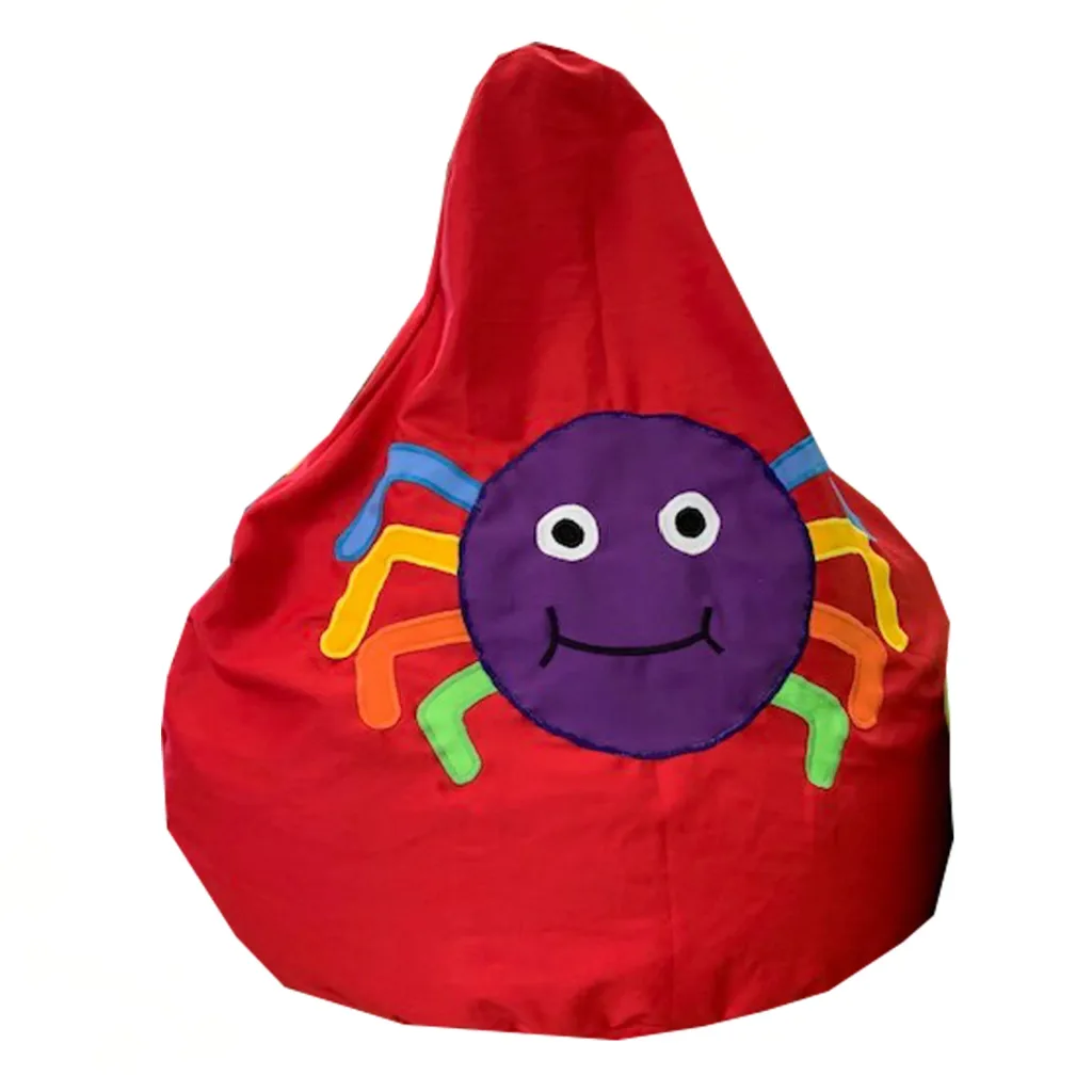Red bean bag with a purple smiling bug face, white eyes, and multicolored legs in blue, yellow, orange, and green.