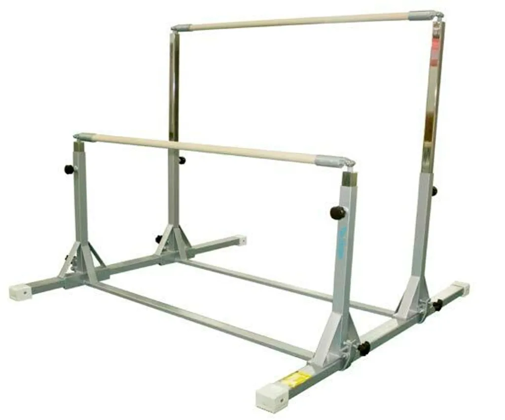 Children's uneven bars consisting of two parallel rails mounted on an adjustable carbon steel frame with a rectangular stabilizing base.