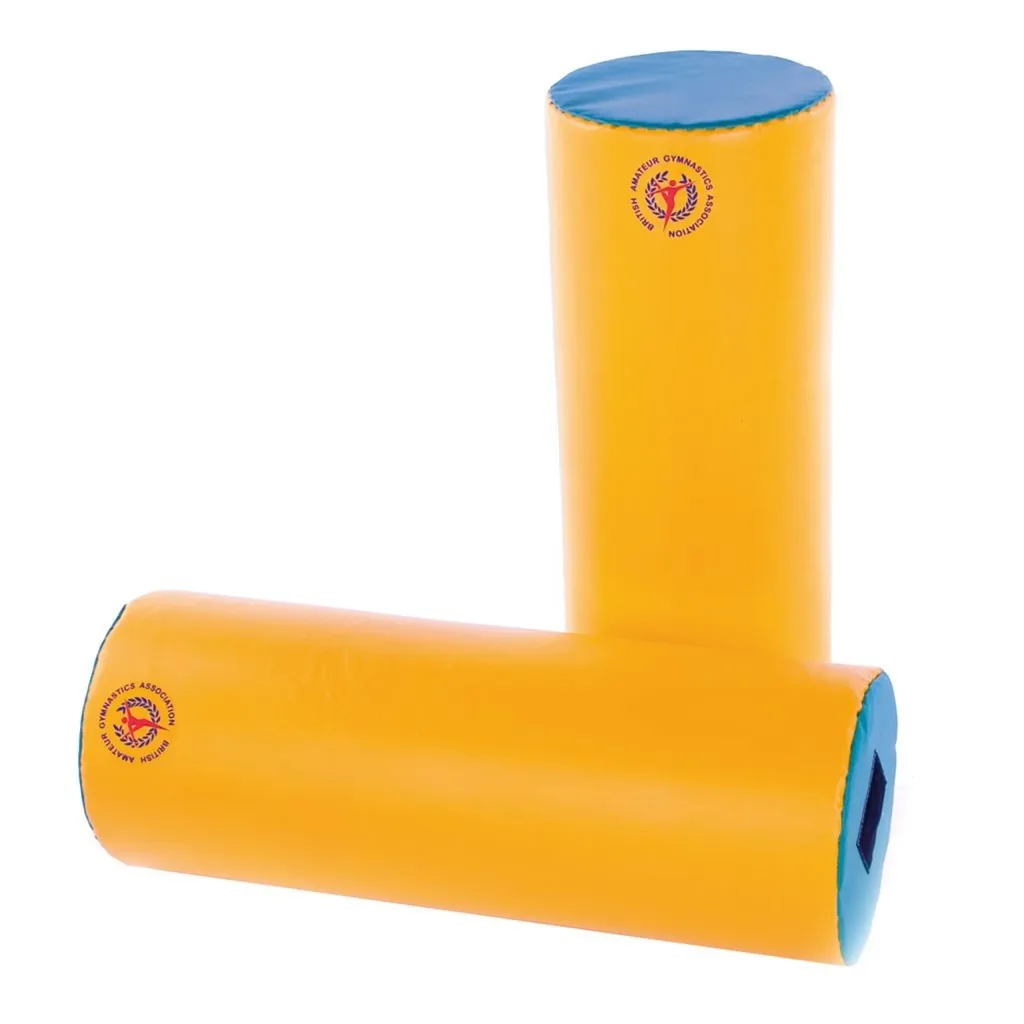 Two yellow soft-play cylindrical rollers with blue end caps, one standing upright and one lying across it.