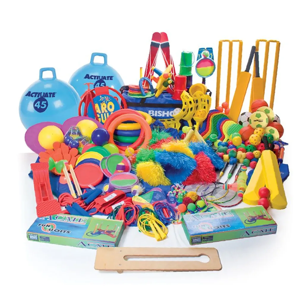 Large assortment of colorful children's sports and play equipment, space hoppers labeled ACTIVATE 45, hoops, balls, bats, skipping ropes and rackets.