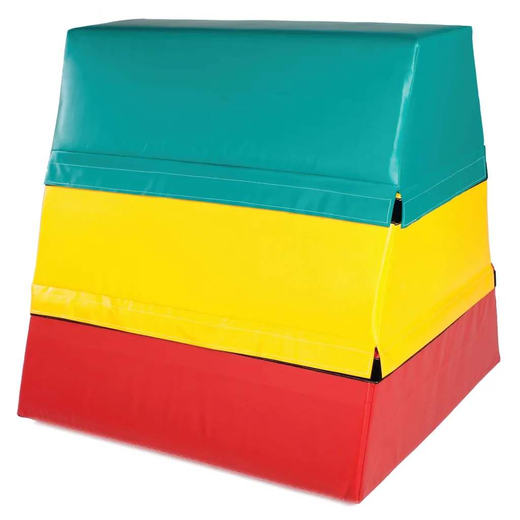 Stacked foam gymnastics blocks with a teal top, yellow middle and red base.