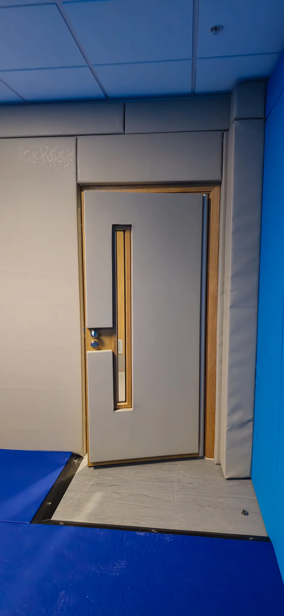 Door surrounded by grey padded panels with a narrow vertical window and wooden frame, set against blue floor mats.