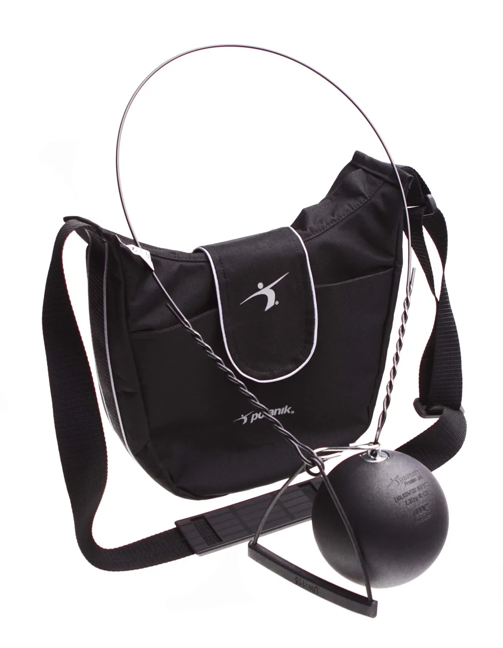 Bag labeled polanik made of waterproof synthetic fabric with shoulder strap, flap fastener, and a hammer attached by twisted wire.