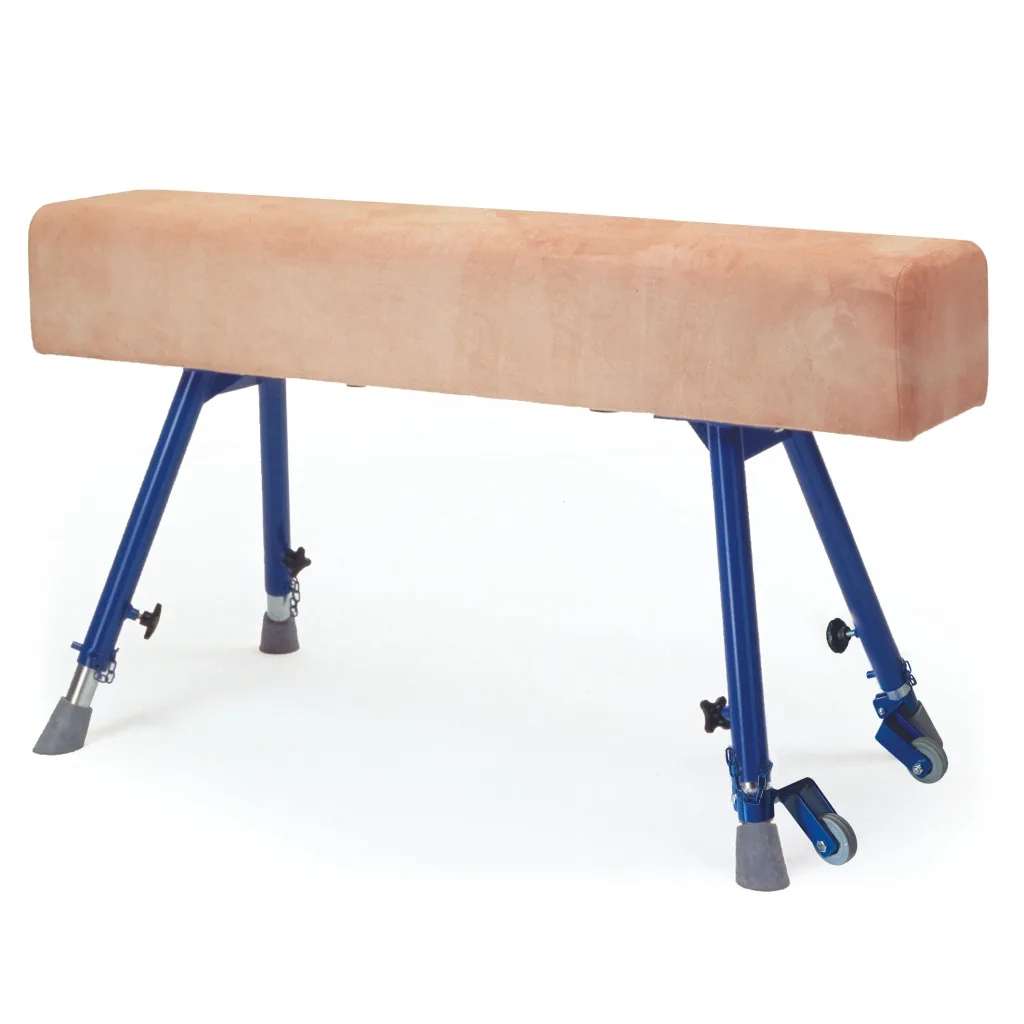 Vaulting buck with a padded hide body supported by fully adjustable steel legs.