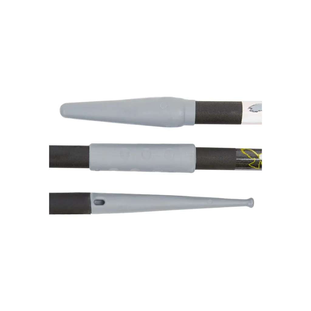 Training javelin shown in three close-up sections, with a black shaft and gray protective nose cone, gray grip sleeve, and gray tail tip.