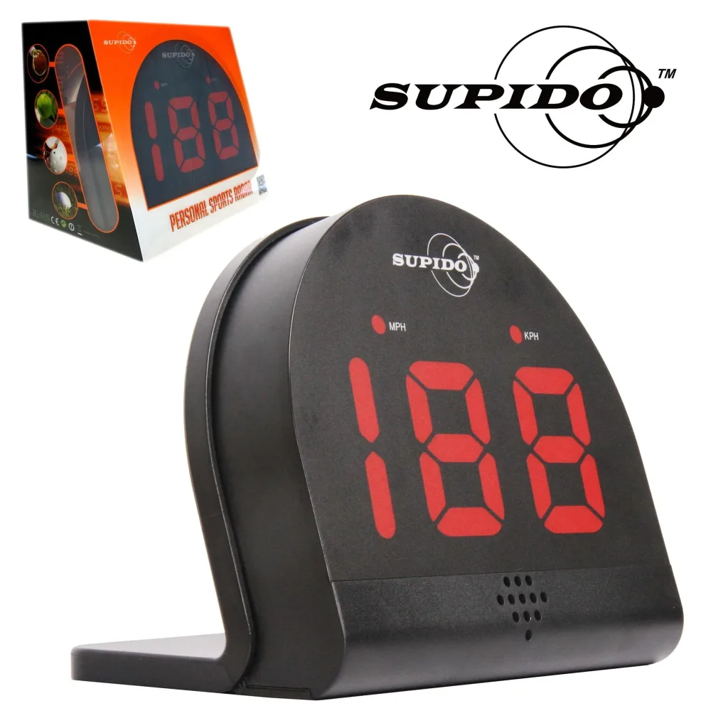 Black speed radar on an L-shaped stand displaying red LED 188 with small labels MPH and KPH and boxed packaging behind.