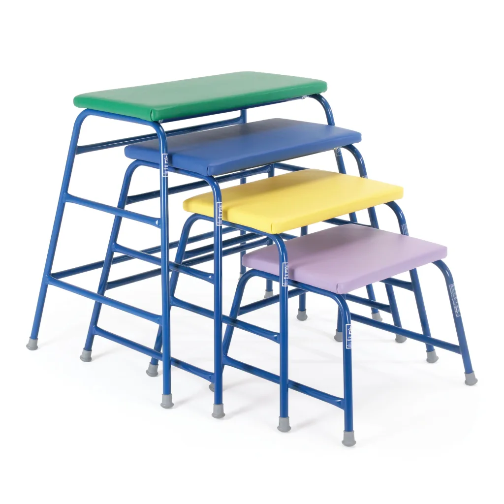 Stacked agility tables with blue powder-coated steel frames and vinyl padded tops in green, blue, yellow and purple.
