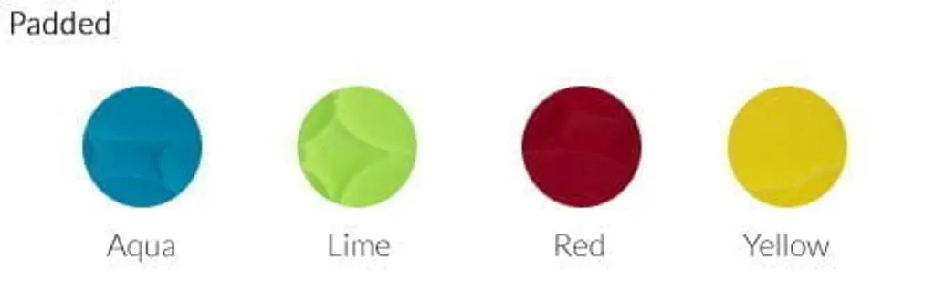 Color swatches for a child reading cushion showing the word Padded and four round samples labeled Aqua, Lime, Red, Yellow.