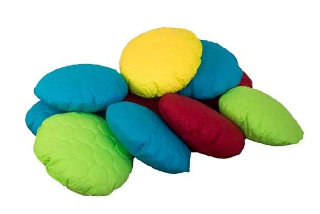 Ten round padded child scatter cushions in lime, red, aqua and yellow, fibre filled with wipe-clean covers.