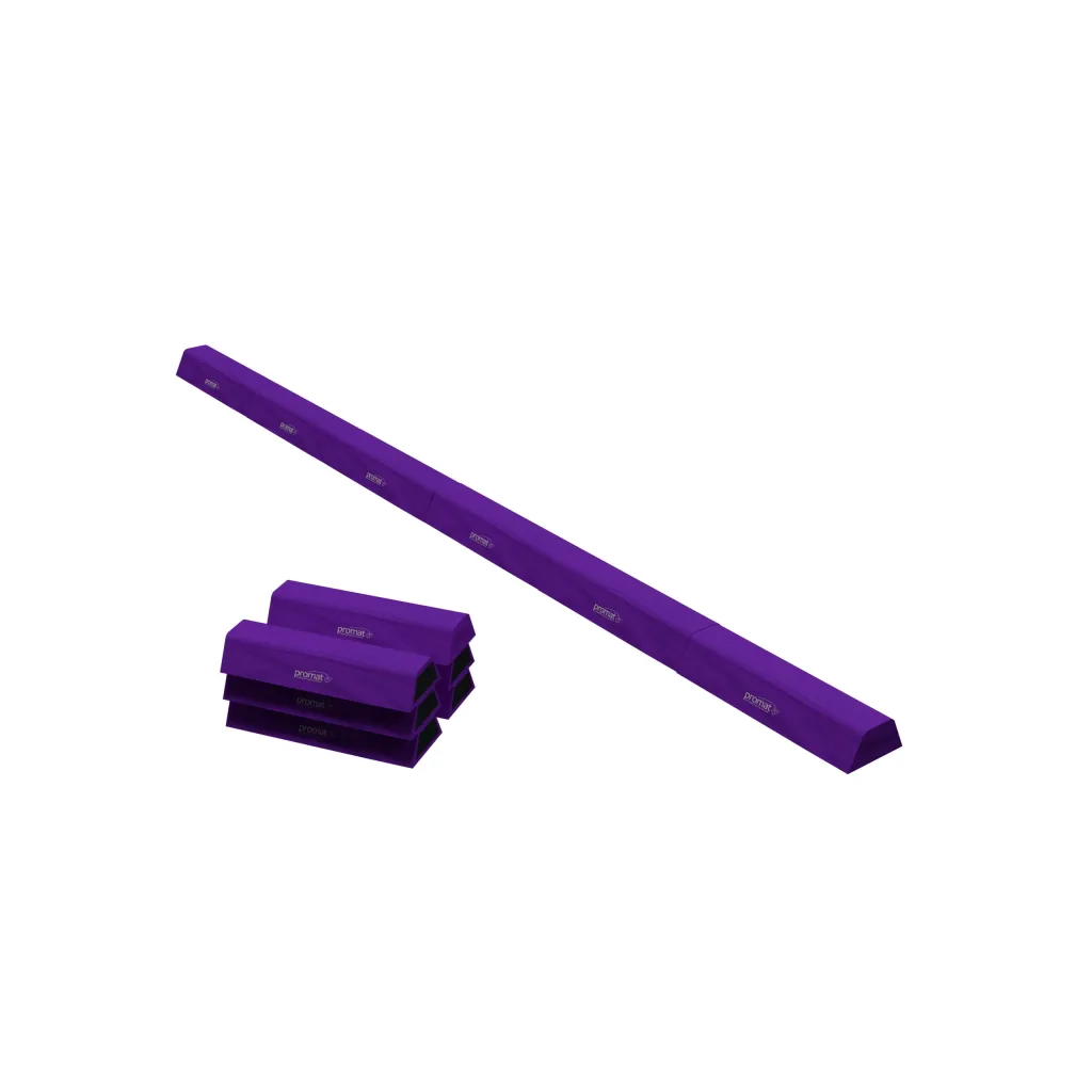 Purple segmented PE foam balance beam with PVC cover in six joined sections laid diagonally, with matching stacked segments beside it.