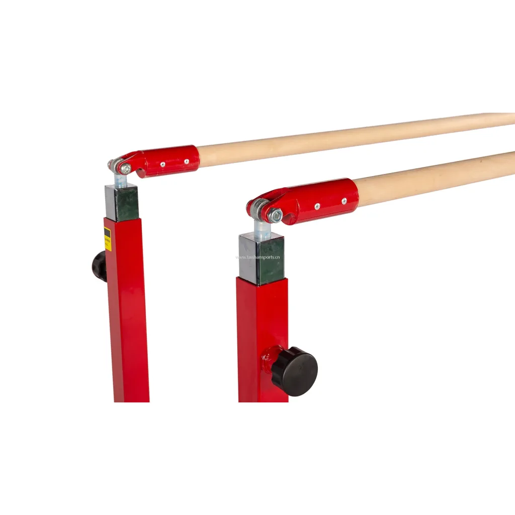 Children's adjustable parallel bars with maple-wrapped rails mounted on carbon steel uprights with black adjustment knobs.