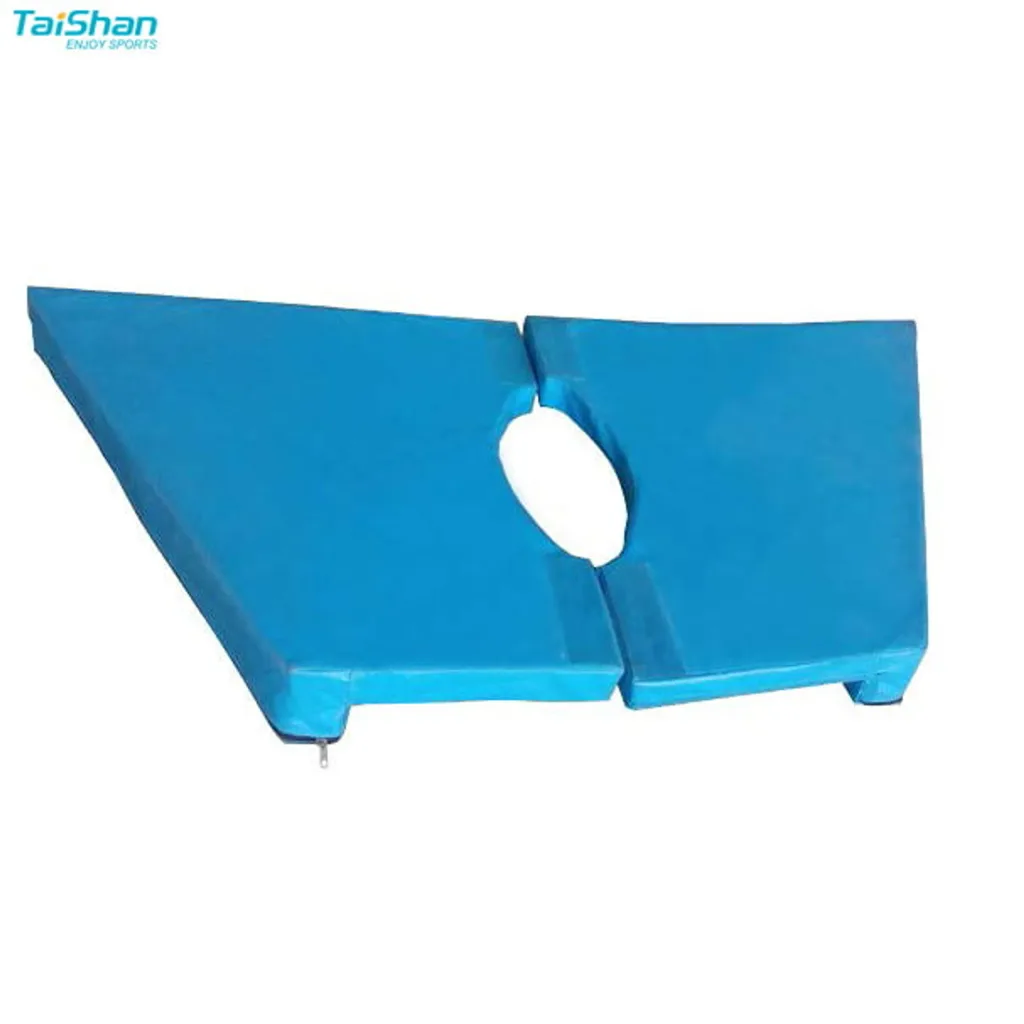 Blue PVC-covered two-piece vaulting table base pad with central oval cutout and XPE foam filling.
