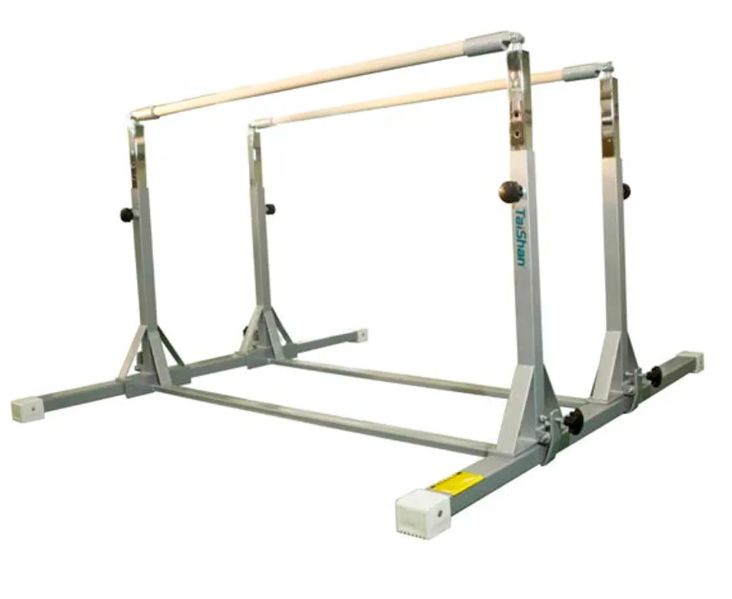 Kids parallel bars with maple-wrapped rails and a carbon steel adjustable frame with non-marking feet.