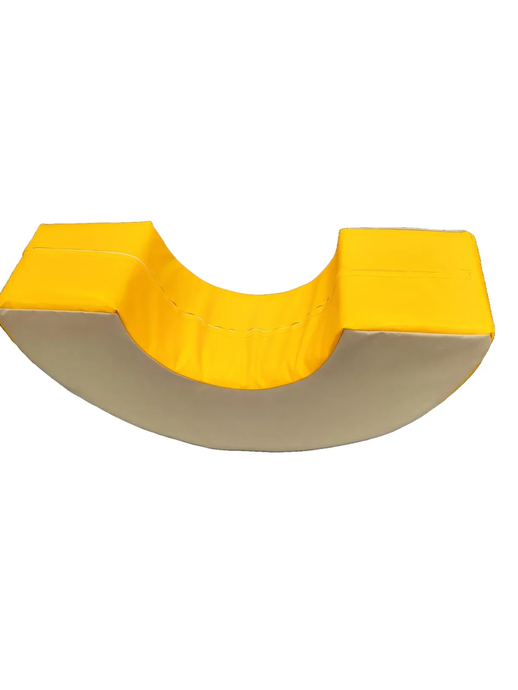 Curved yellow rocker made from high-density PU foam with a beige underside and a tear-resistant, phthalate-free wipe-clean cover, featuring a concave seat.