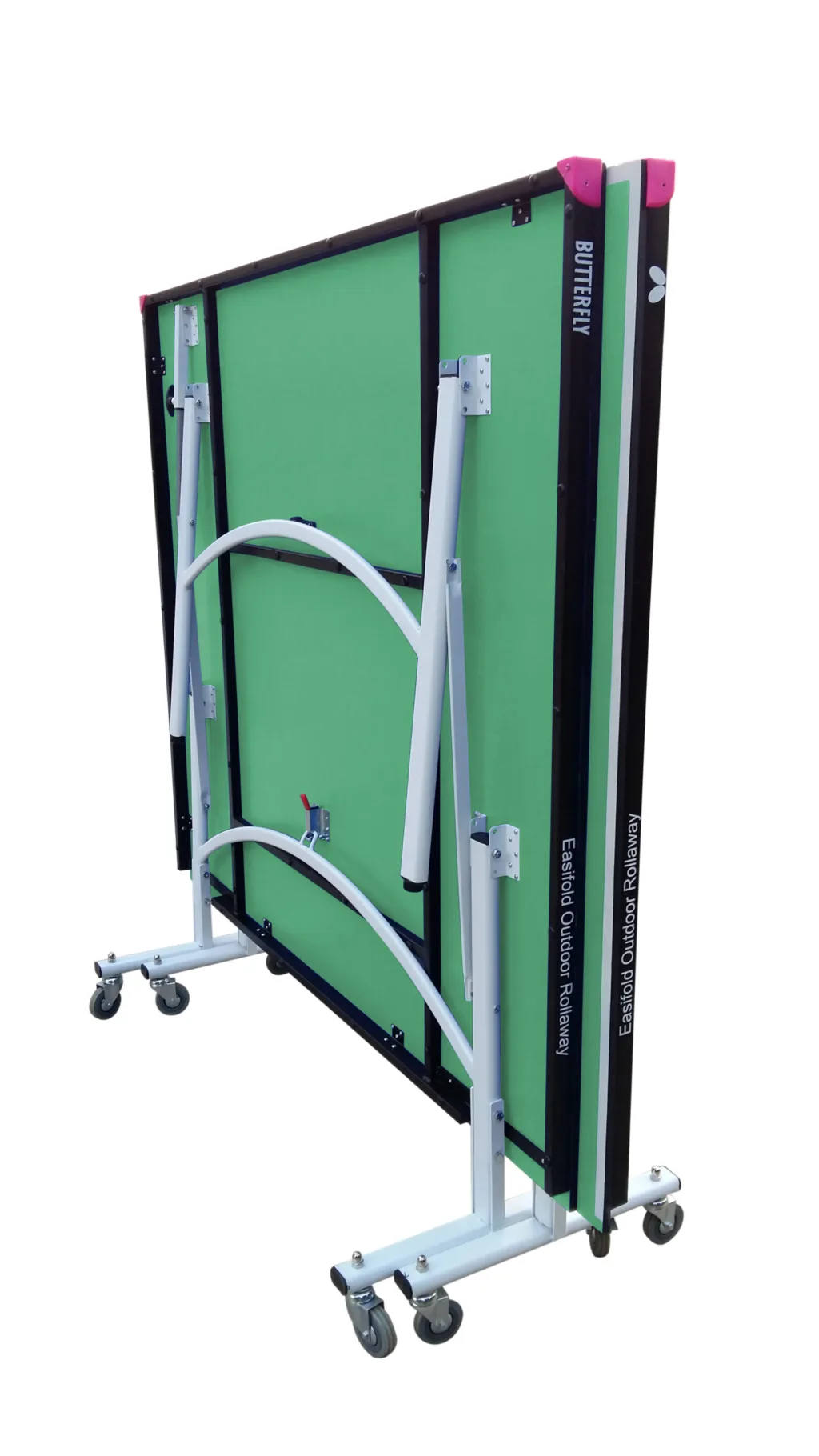 Folded green outdoor rollaway table tennis table with light silver legs, arched leg supports and caster wheels for easy storage.