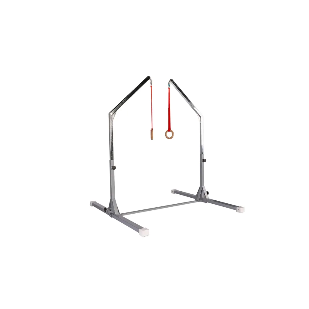Silver adjustable freestanding kids gymnastics frame with two plywood rings hanging from straps.