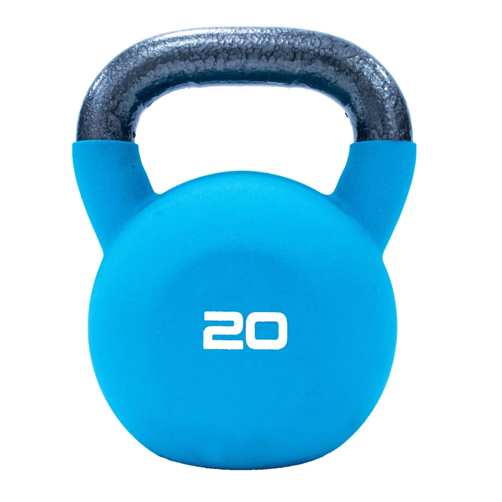 Blue neoprene-covered cast-iron kettlebell with black handle and white "20" printed on the front.