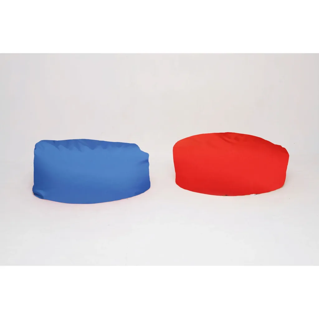Two child pie polyester bean bags, one blue at left and one red at right, on a white background.