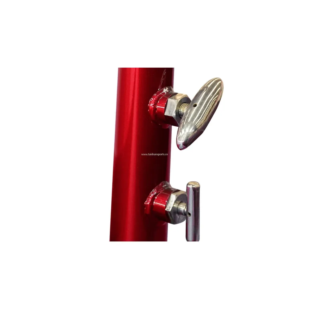Carbon steel vertical post with two stainless-steel adjustment knobs and the text www.taishansports.cn for a competition high bar.